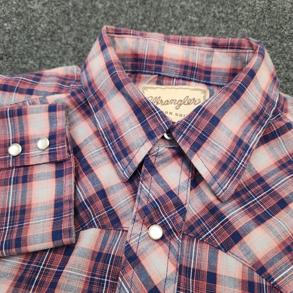 Wrangler Large Western Pearl Snap Button Up Shirt Blue Plaid Cowboy Cotton Blend